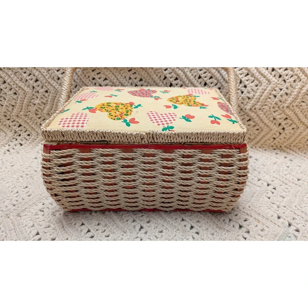Vintage Wicker Sewing Basket Fun Retro Heart Print Padded Lid Craft Storage